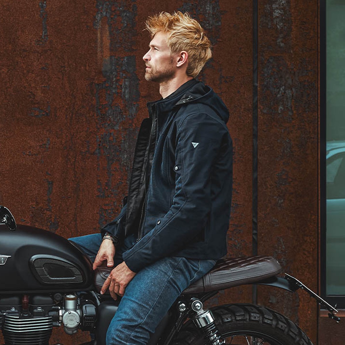 Motorcyclist wearing a Davey Air hoodie jacket