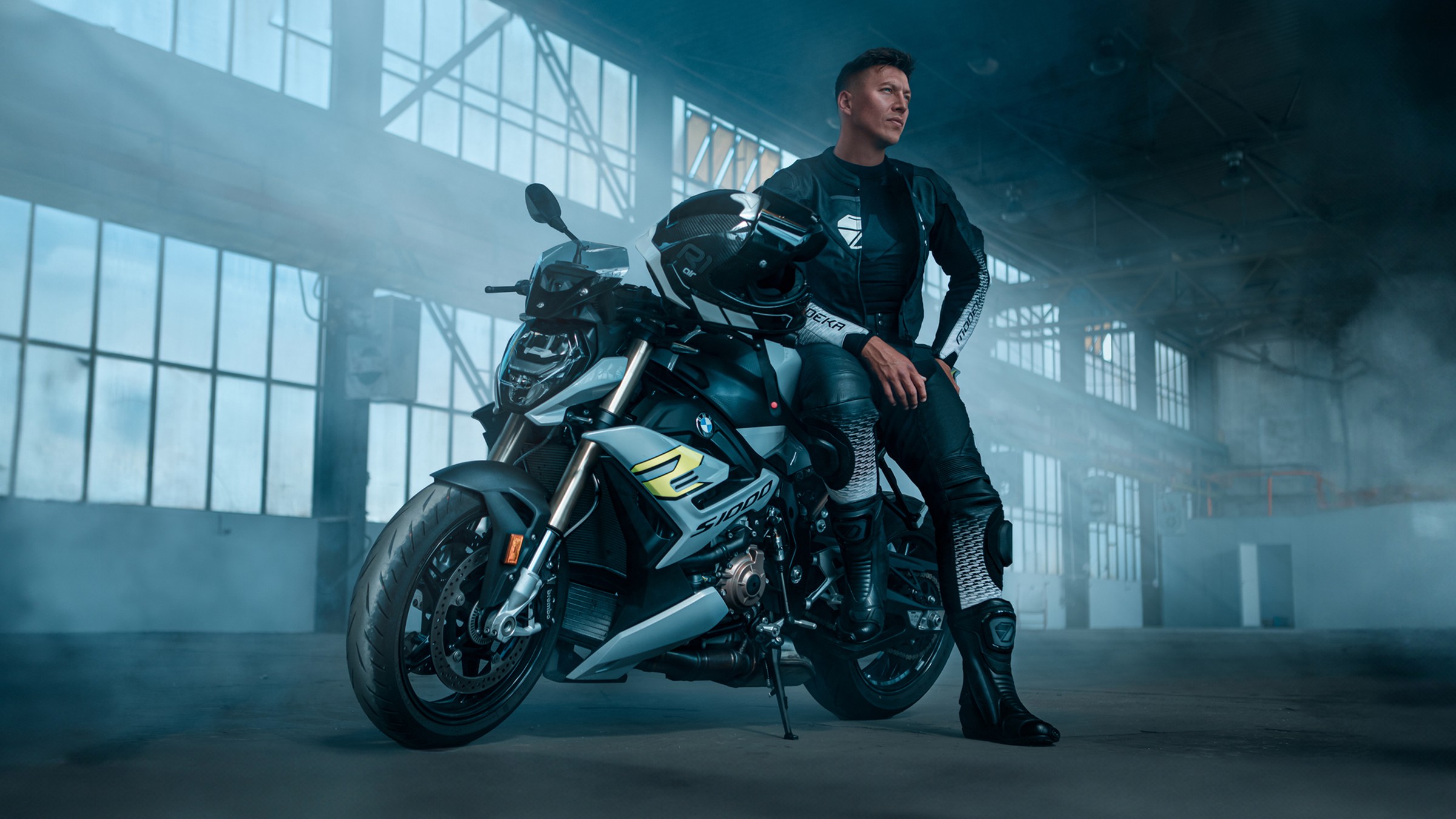 Motorcyclist sitting on a motorbike